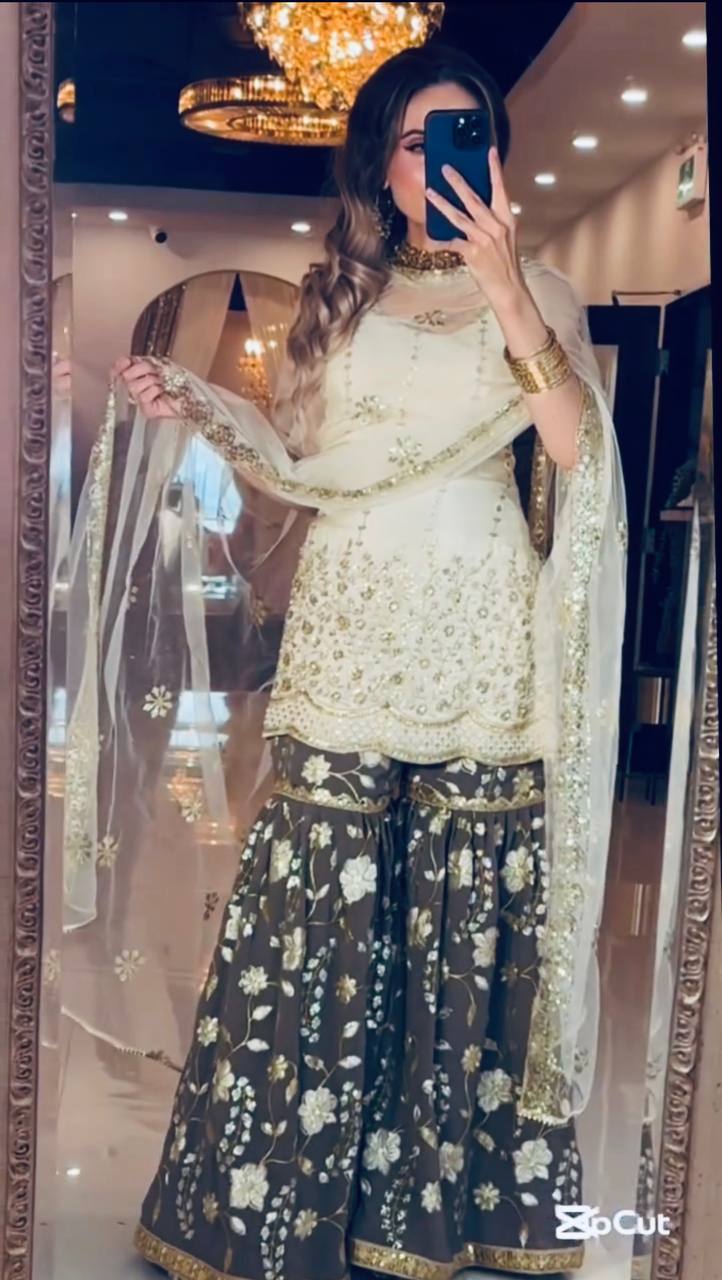 Modern Ivory & Dark Bronze Flared Silk Set